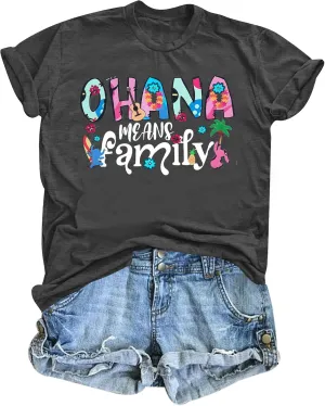 Women Hawaiian Shirts Ohana Means Family Shirt Summer Beach Hawaiian Hibiscus Tropical Flower Tee Tops