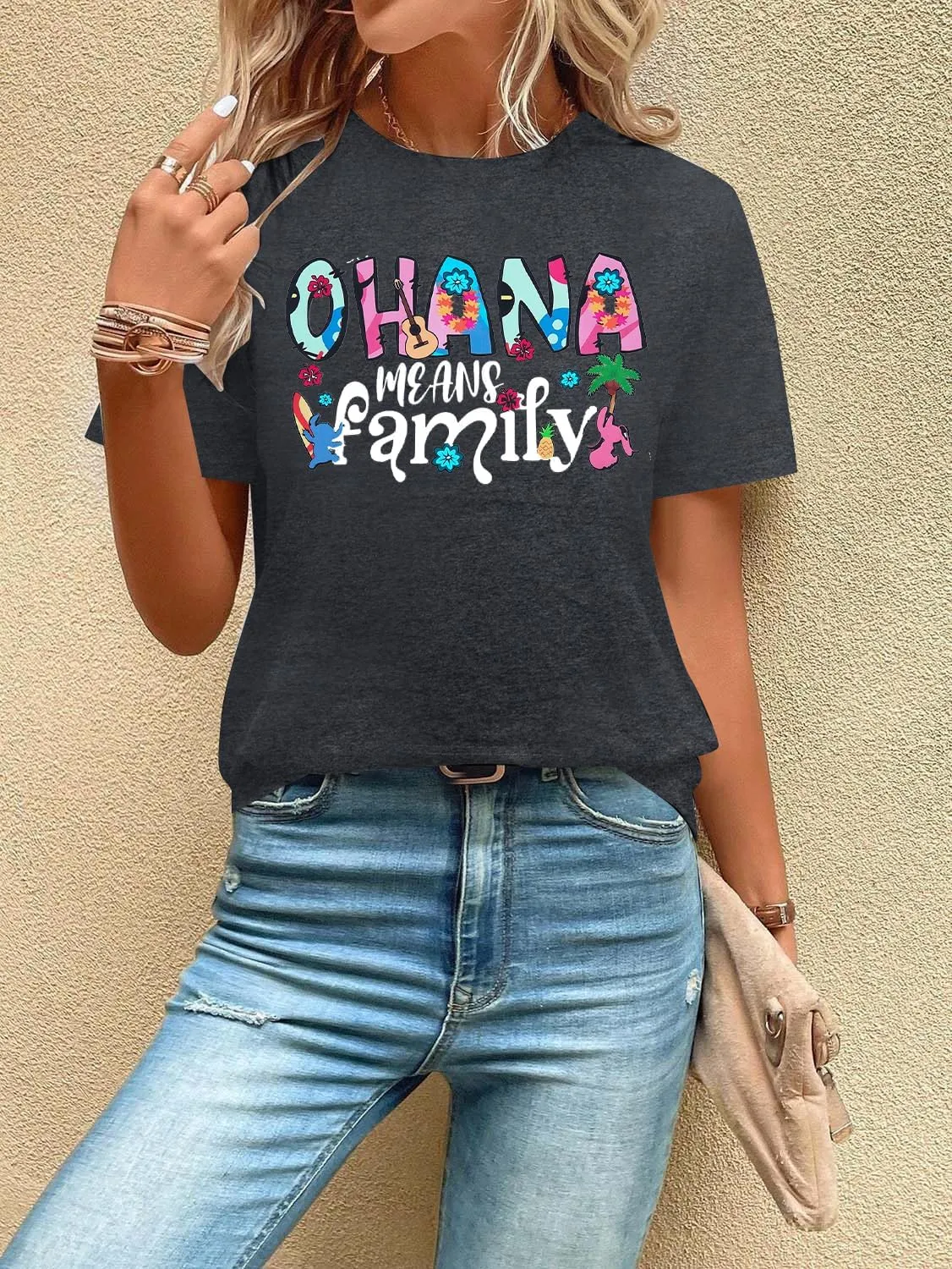 Women Hawaiian Shirts Ohana Means Family Shirt Summer Beach Hawaiian Hibiscus Tropical Flower Tee Tops