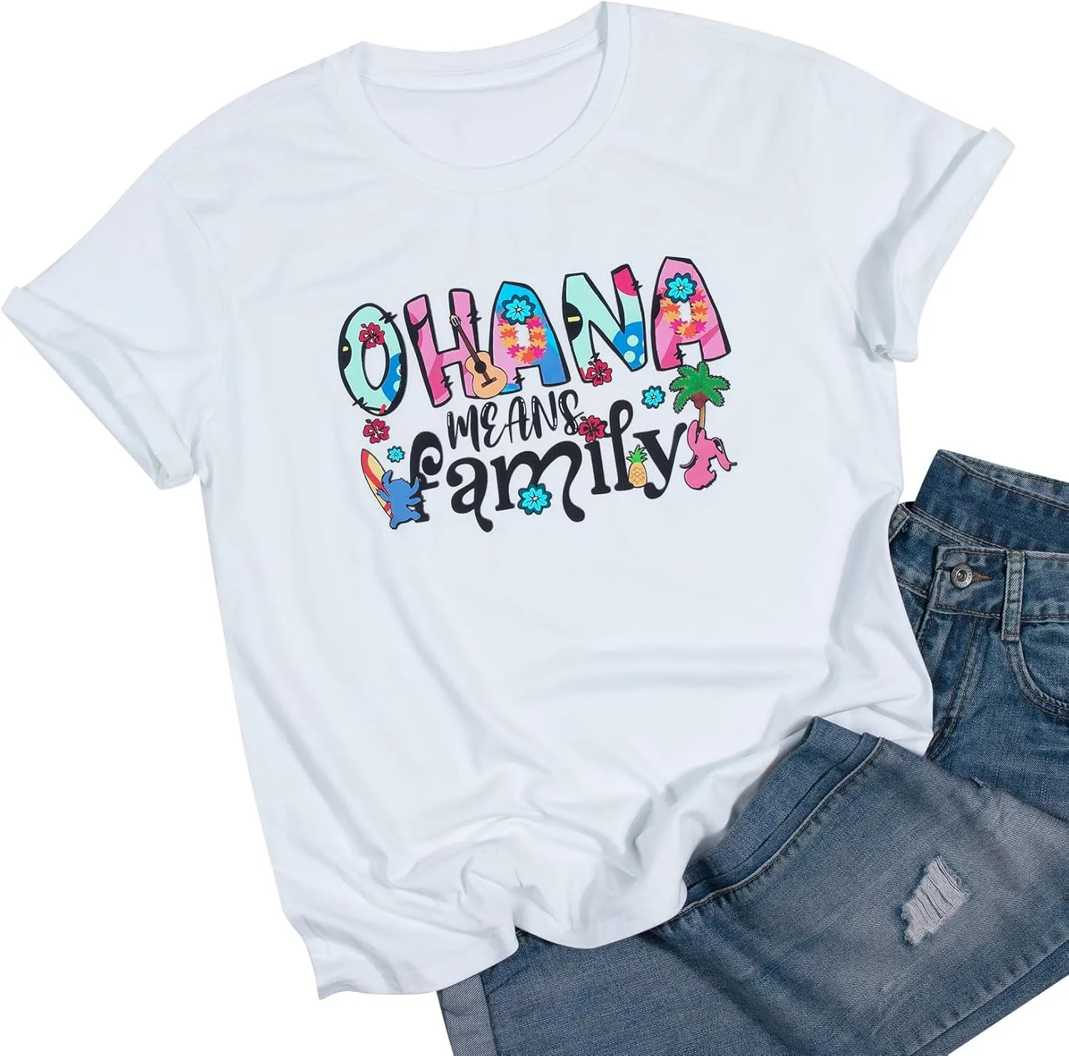 Women Hawaiian Shirts Ohana Means Family Shirt Summer Beach Hawaiian Hibiscus Tropical Flower Tee Tops