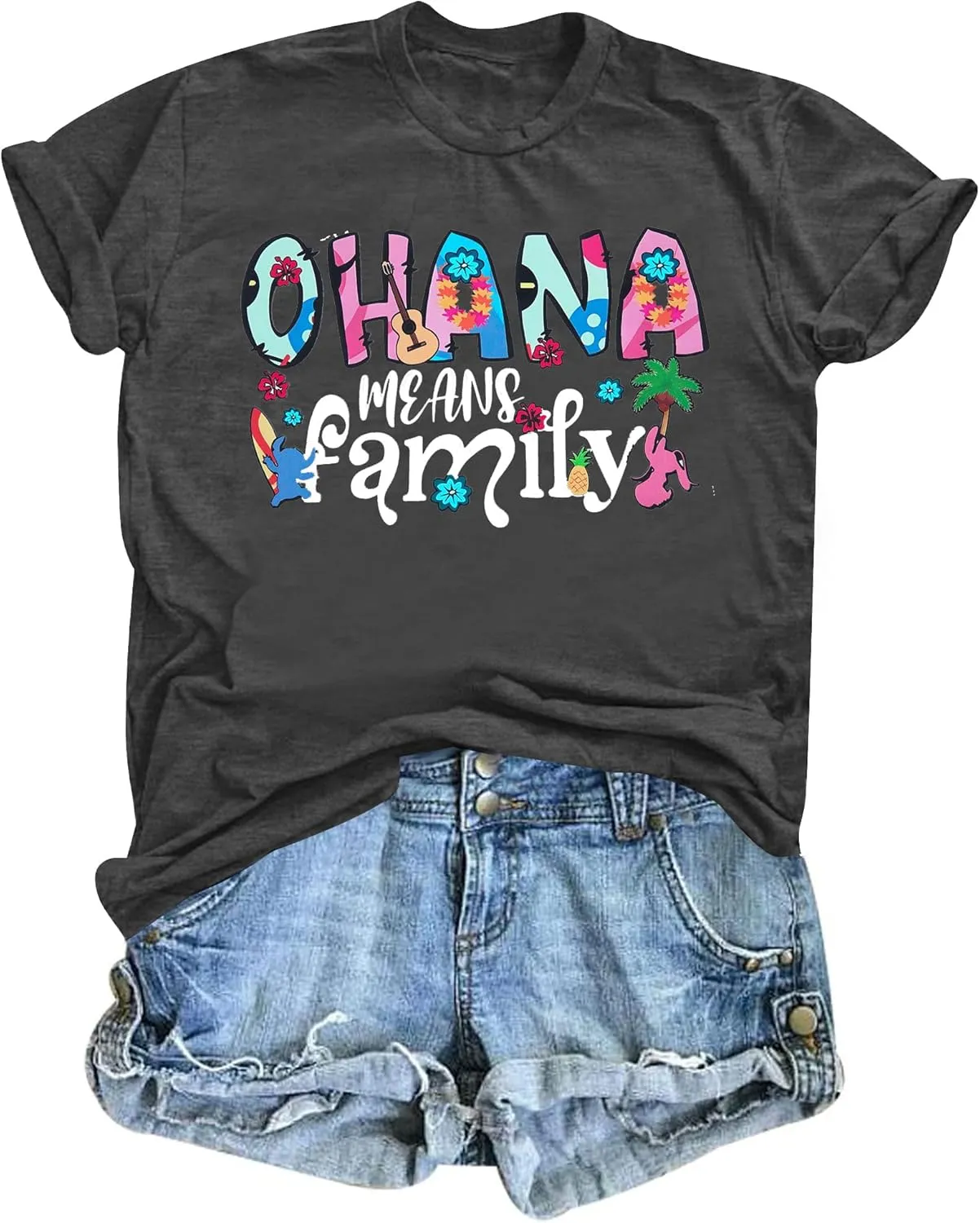 Women Hawaiian Shirts Ohana Means Family Shirt Summer Beach Hawaiian Hibiscus Tropical Flower Tee Tops