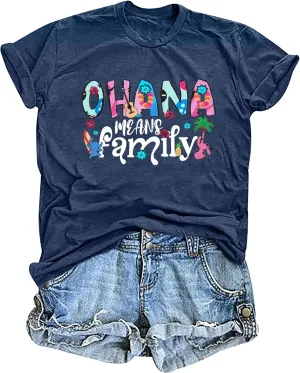 Women Hawaiian Shirts Ohana Means Family Shirt Summer Beach Hawaiian Hibiscus Tropical Flower Tee Tops