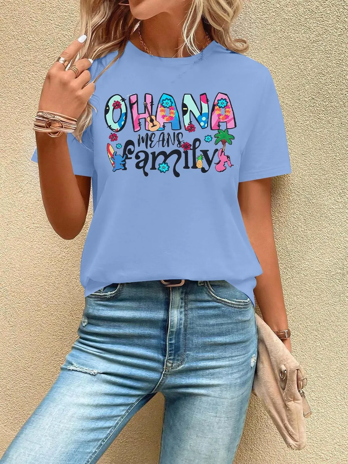 Women Hawaiian Shirts Ohana Means Family Shirt Summer Beach Hawaiian Hibiscus Tropical Flower Tee Tops