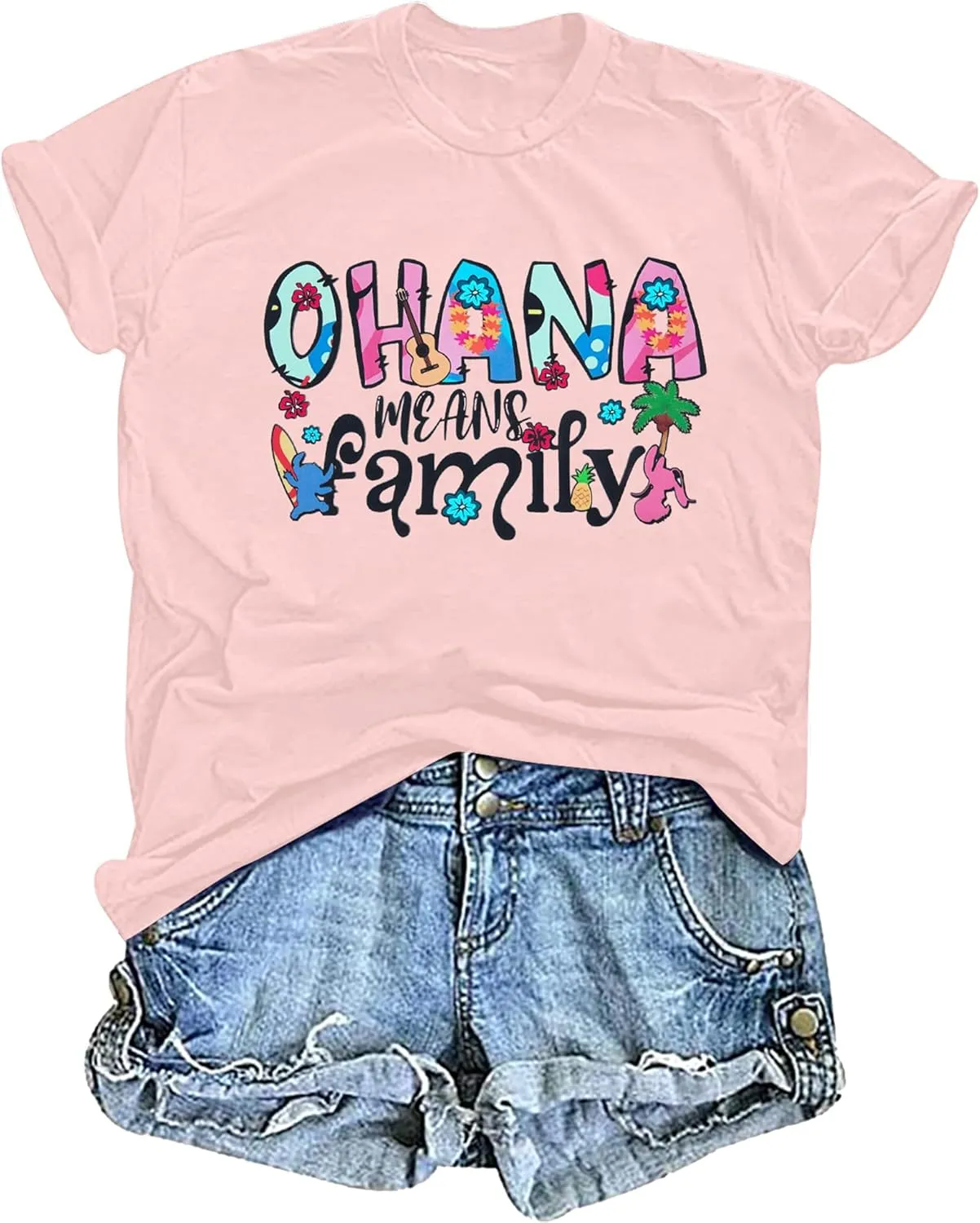 Women Hawaiian Shirts Ohana Means Family Shirt Summer Beach Hawaiian Hibiscus Tropical Flower Tee Tops