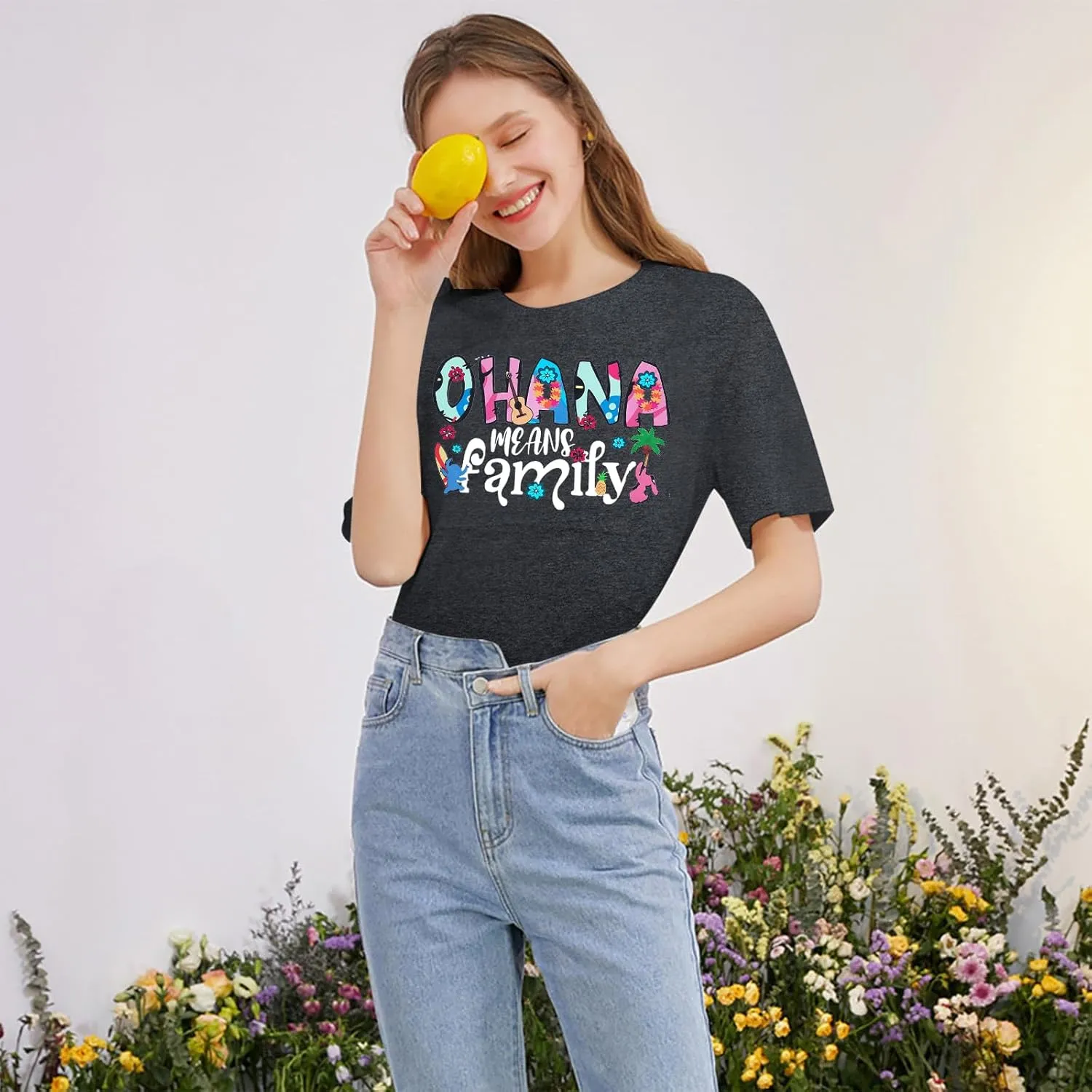 Women Hawaiian Shirts Ohana Means Family Shirt Summer Beach Hawaiian Hibiscus Tropical Flower Tee Tops