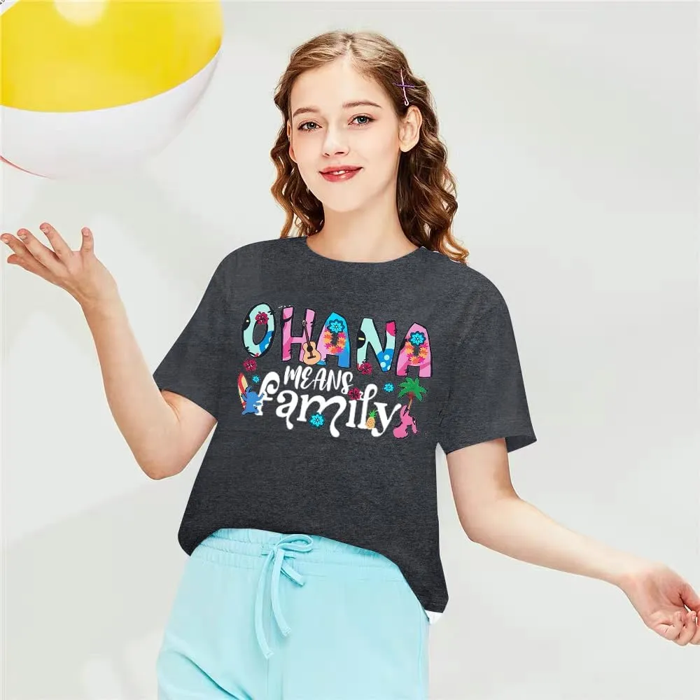 Women Hawaiian Shirts Ohana Means Family Shirt Summer Beach Hawaiian Hibiscus Tropical Flower Tee Tops