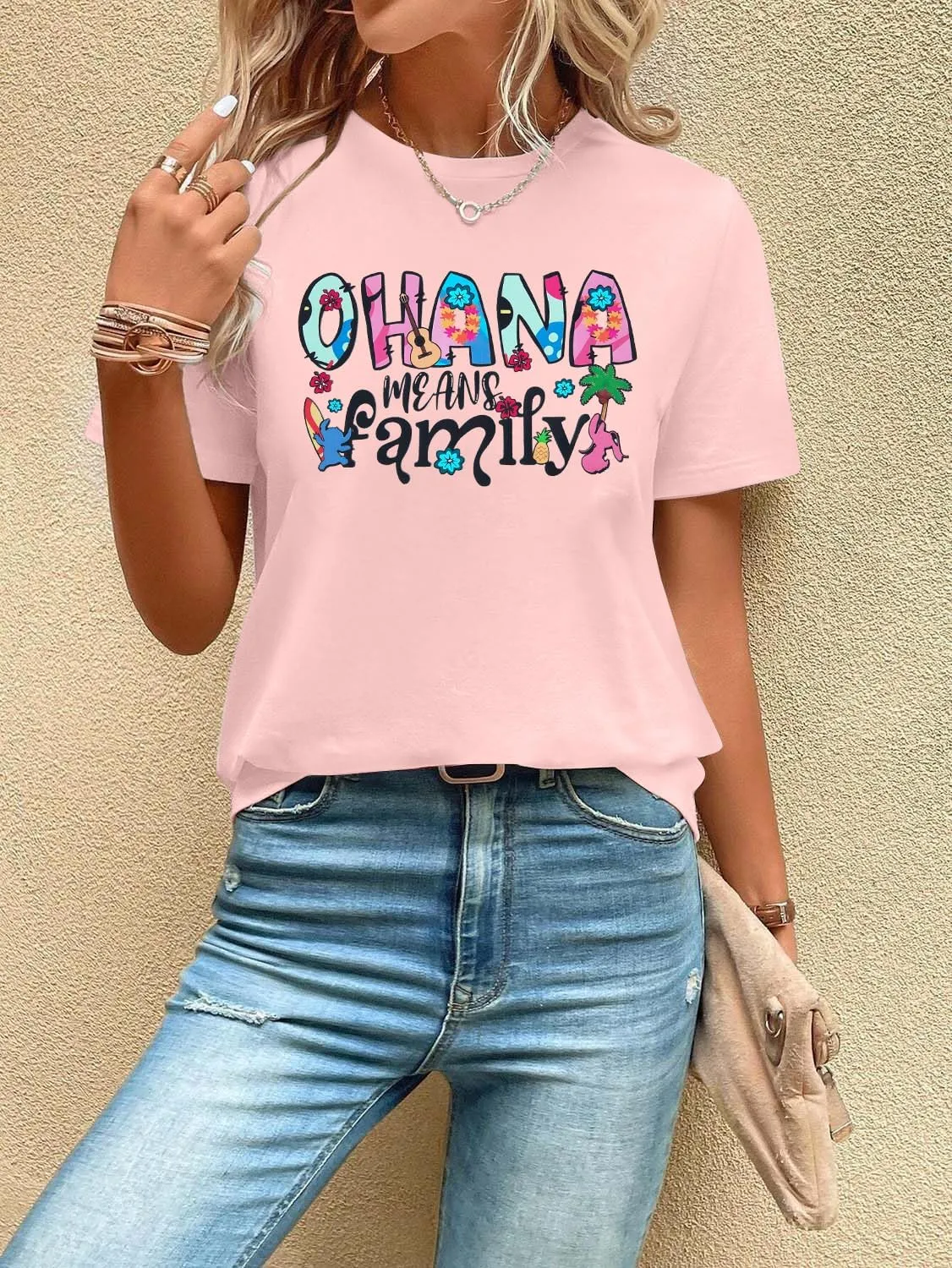 Women Hawaiian Shirts Ohana Means Family Shirt Summer Beach Hawaiian Hibiscus Tropical Flower Tee Tops