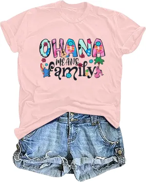 Women Hawaiian Shirts Ohana Means Family Shirt Summer Beach Hawaiian Hibiscus Tropical Flower Tee Tops