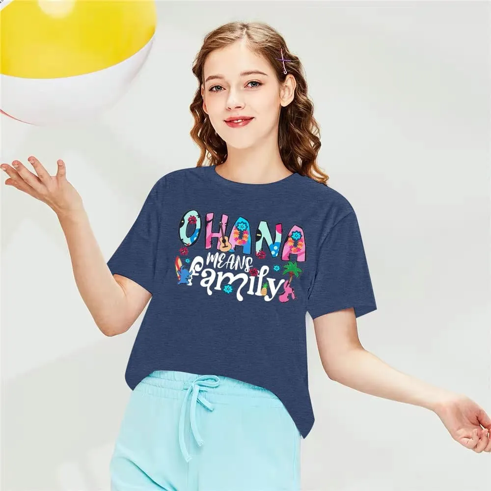 Women Hawaiian Shirts Ohana Means Family Shirt Summer Beach Hawaiian Hibiscus Tropical Flower Tee Tops