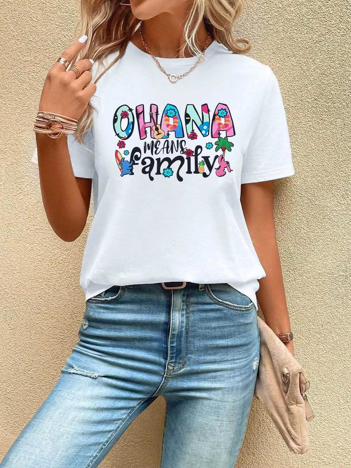 Women Hawaiian Shirts Ohana Means Family Shirt Summer Beach Hawaiian Hibiscus Tropical Flower Tee Tops