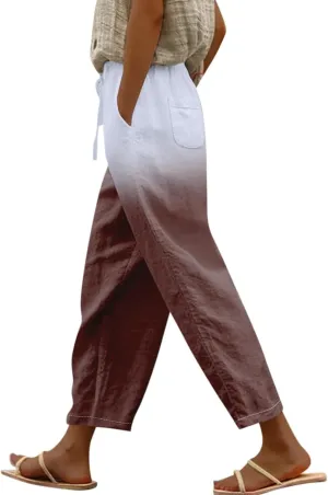 Women Linen Palazzo Pants Cotton Linen Elastic Seven Pants Beach Casual Pants Linen High Waisted Drawstring Lounge Pants