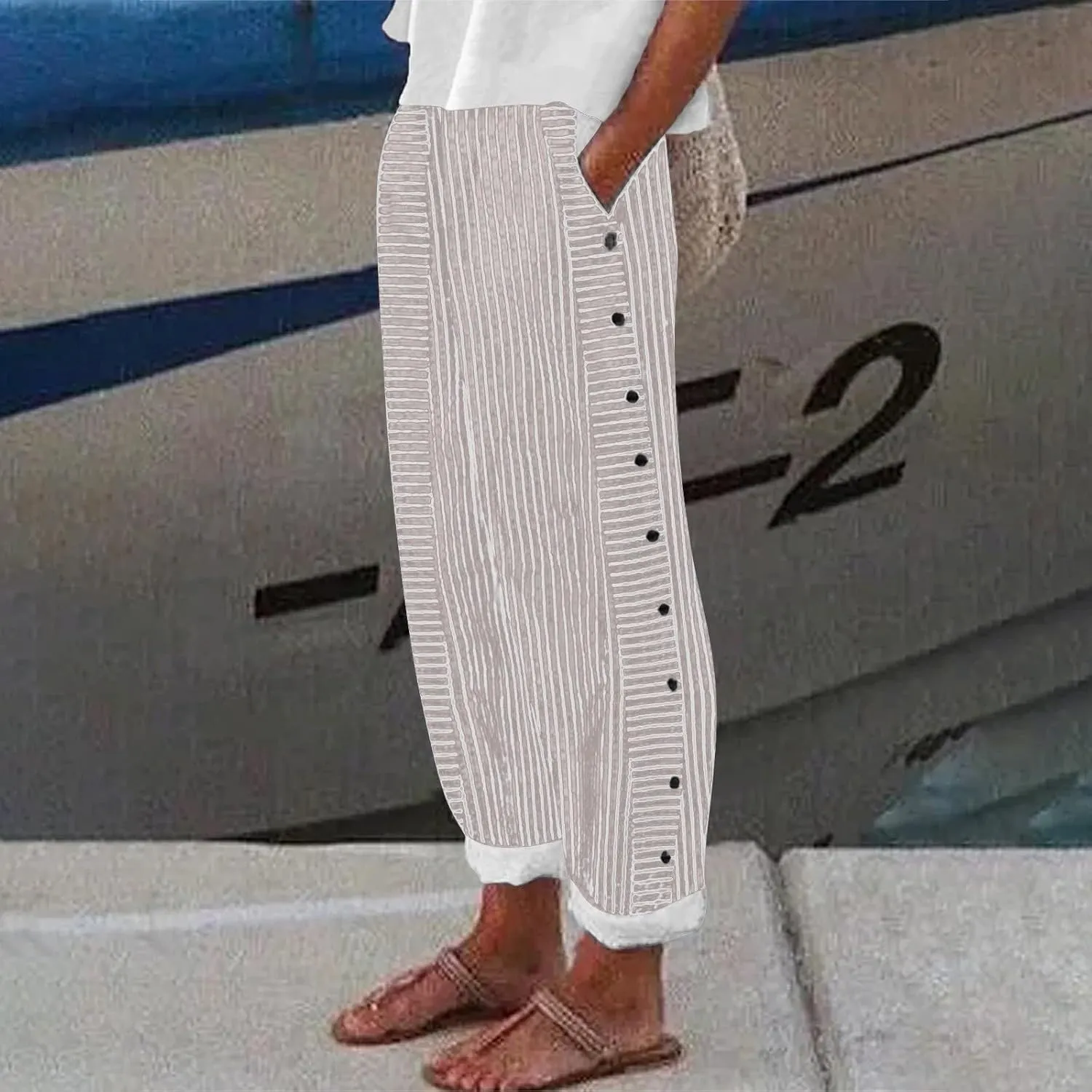 Women Linen Palazzo Pants Elastic Waist Side Back Four Pockets 9/10 Pants Gingham Casual Striped Slacks Beach