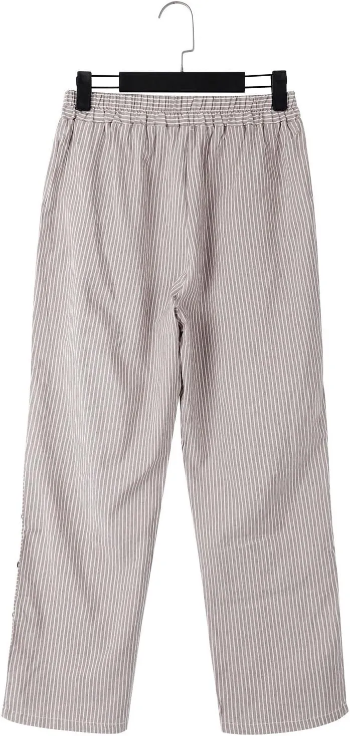 Women Linen Palazzo Pants Elastic Waist Side Back Four Pockets 9/10 Pants Gingham Casual Striped Slacks Beach