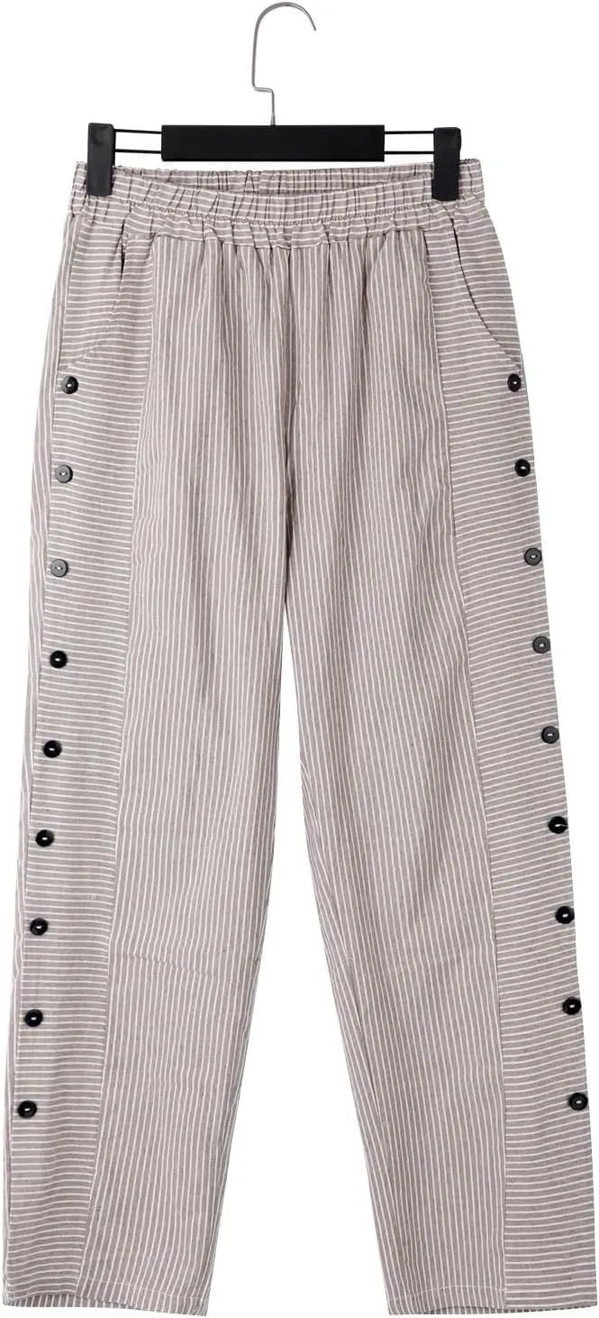 Women Linen Palazzo Pants Elastic Waist Side Back Four Pockets 9/10 Pants Gingham Casual Striped Slacks Beach