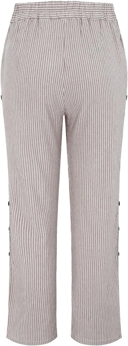 Women Linen Palazzo Pants Elastic Waist Side Back Four Pockets 9/10 Pants Gingham Casual Striped Slacks Beach