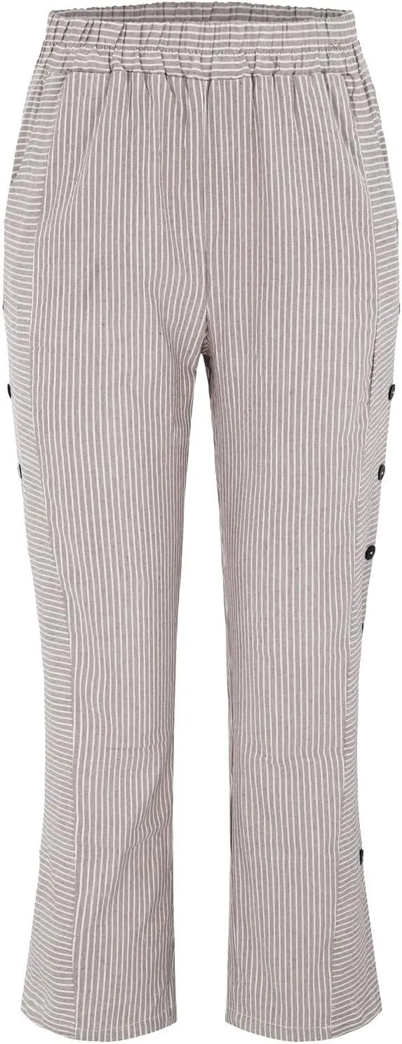 Women Linen Palazzo Pants Elastic Waist Side Back Four Pockets 9/10 Pants Gingham Casual Striped Slacks Beach