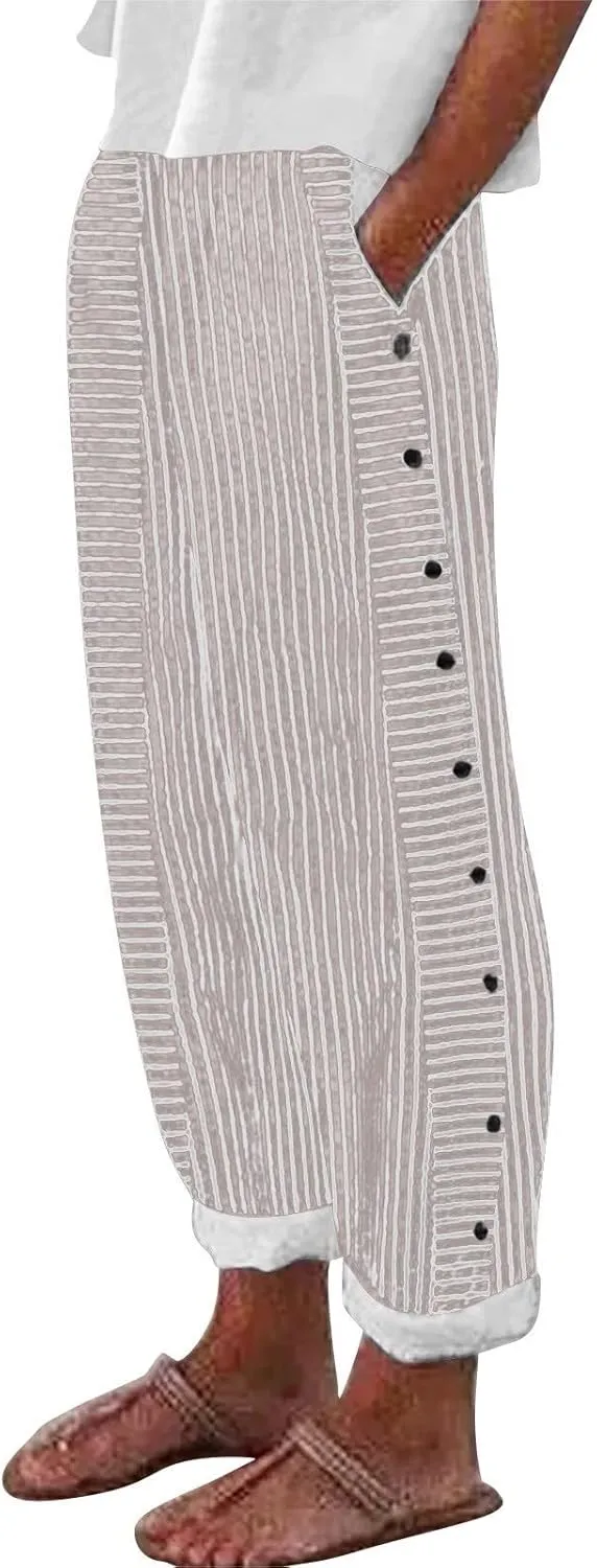 Women Linen Palazzo Pants Elastic Waist Side Back Four Pockets 9/10 Pants Gingham Casual Striped Slacks Beach