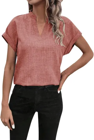 Women Linen Shirts Short Sleeve V Neck Linen Tops Summer Fashion Clothes Women Cropped Petite Causal Business Blouse
