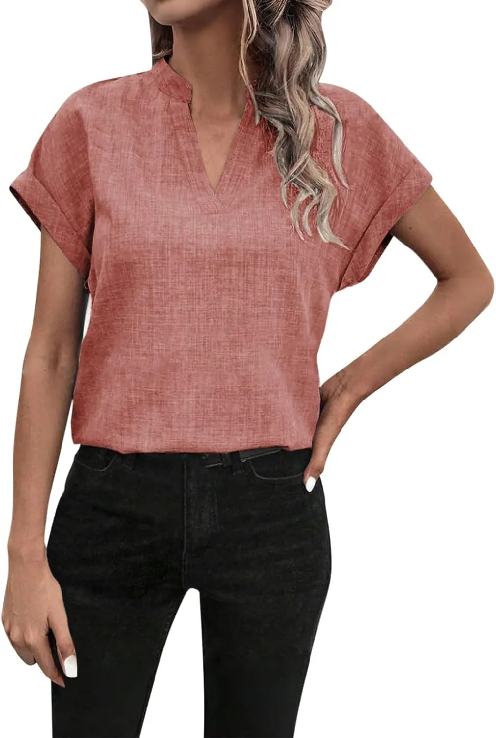 Women Linen Shirts Short Sleeve V Neck Linen Tops Summer Fashion Clothes Women Cropped Petite Causal Business Blouse