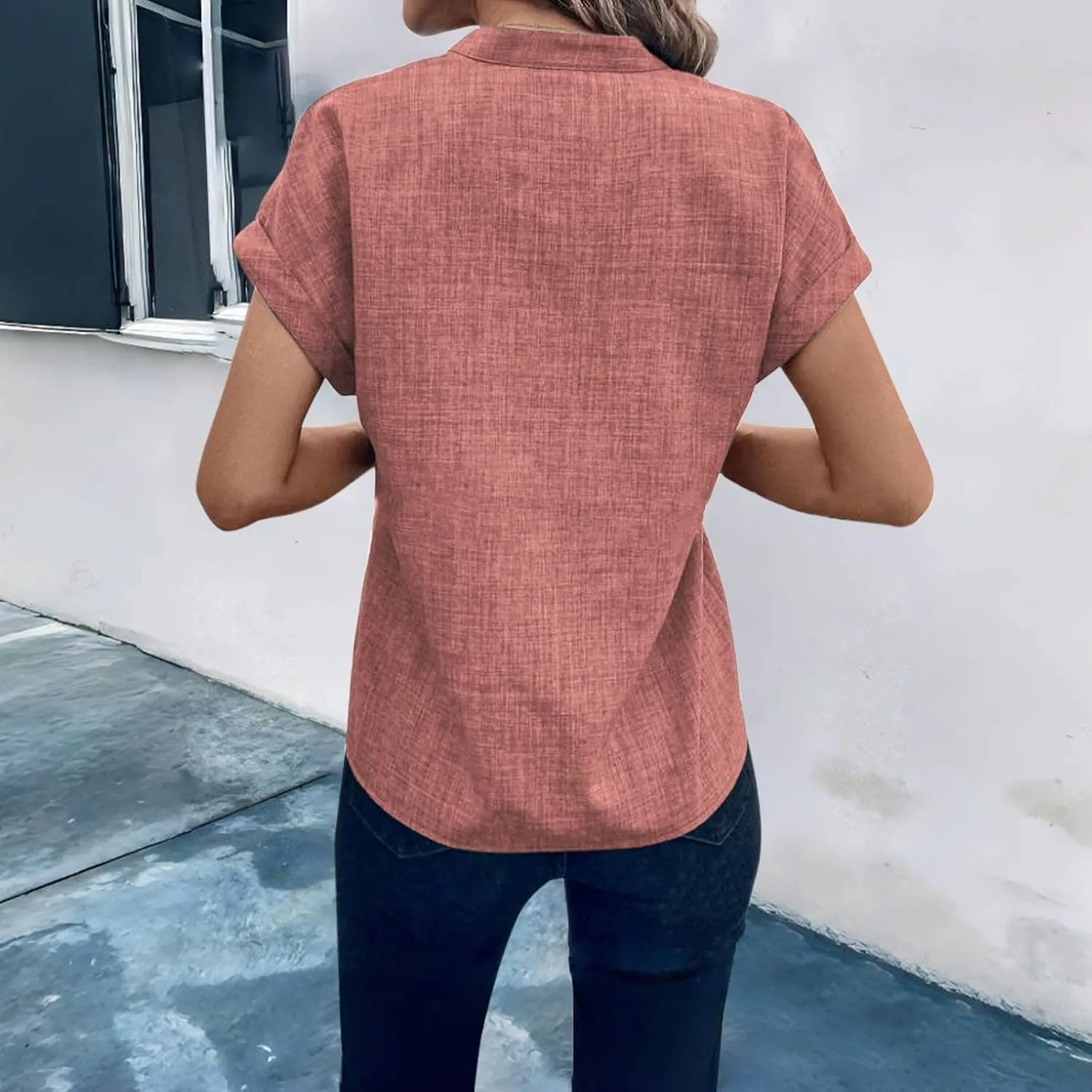 Women Linen Shirts Short Sleeve V Neck Linen Tops Summer Fashion Clothes Women Cropped Petite Causal Business Blouse