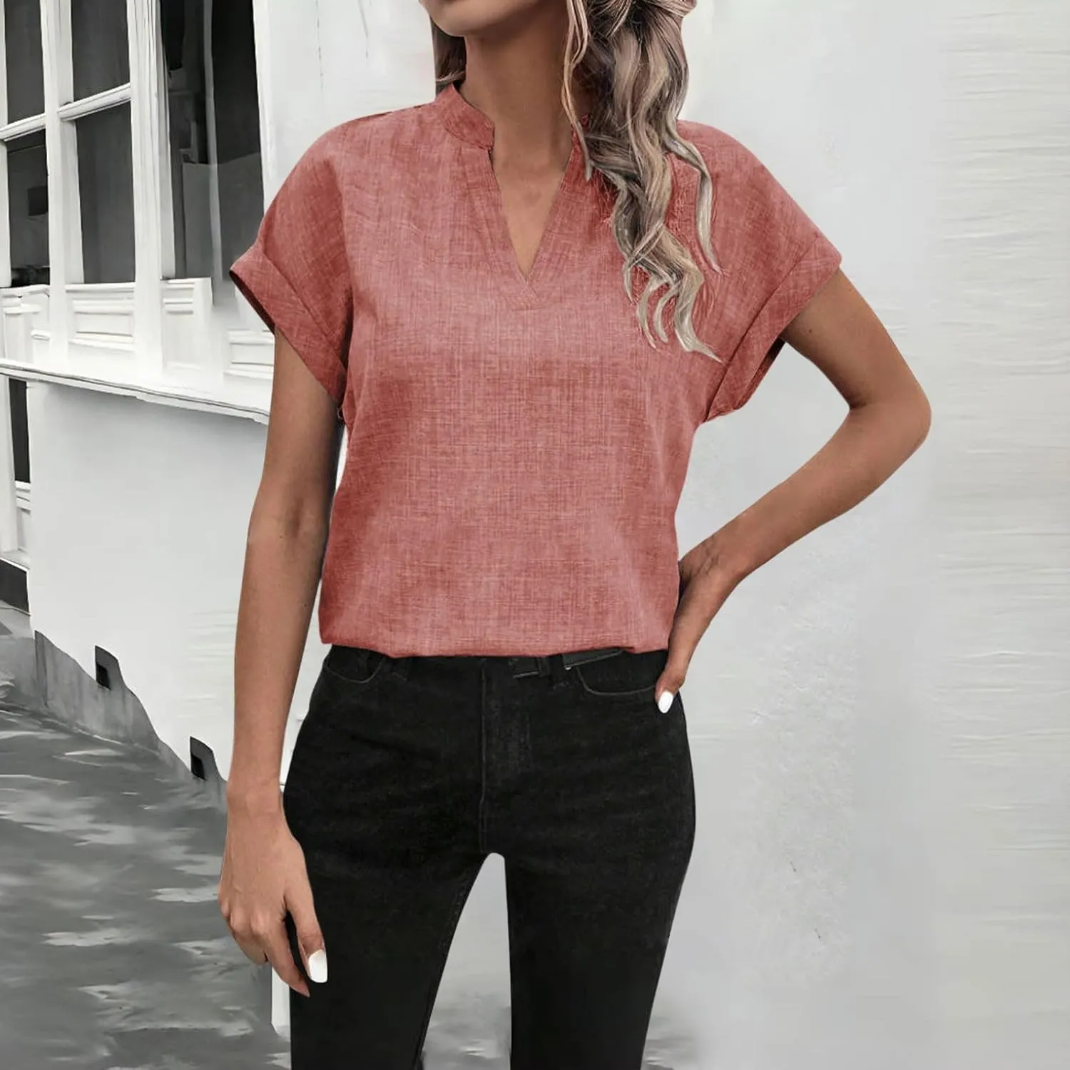 Women Linen Shirts Short Sleeve V Neck Linen Tops Summer Fashion Clothes Women Cropped Petite Causal Business Blouse