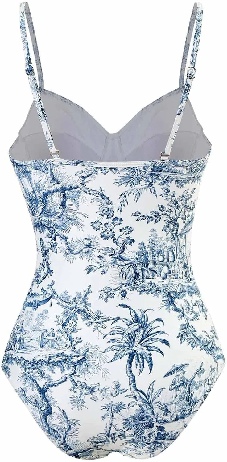 Women One Piece Swimsuit with Coverup Wrap Skirt Floral Print Bikini Set Two Piece Bathing Suit Beach Cover Up Sets