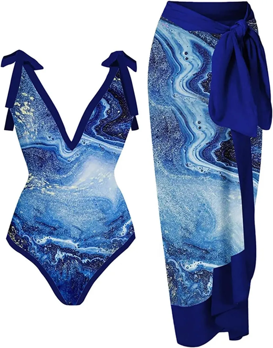 Women One Piece Swimsuit with Coverup Wrap Skirt Floral Print Bikini Set Two Piece Bathing Suit Beach Cover Up Sets