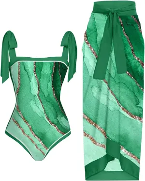 Women One Piece Swimsuit with Coverup Wrap Skirt Floral Print Bikini Set Two Piece Bathing Suit Beach Cover Up Sets