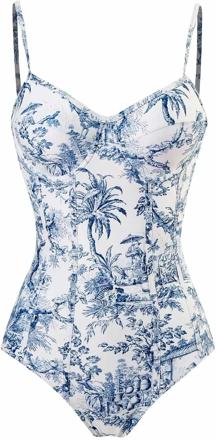 Women One Piece Swimsuit with Coverup Wrap Skirt Floral Print Bikini Set Two Piece Bathing Suit Beach Cover Up Sets