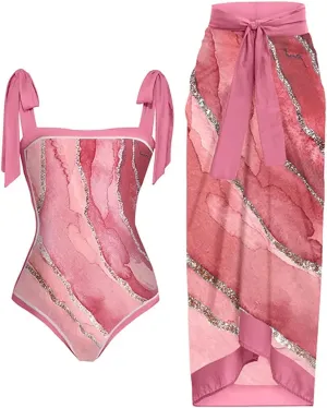 Women One Piece Swimsuit with Coverup Wrap Skirt Floral Print Bikini Set Two Piece Bathing Suit Beach Cover Up Sets