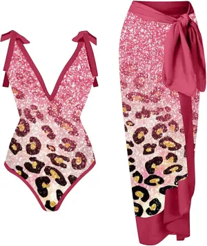 Women One Piece Swimsuit with Coverup Wrap Skirt Floral Print Bikini Set Two Piece Bathing Suit Beach Cover Up Sets