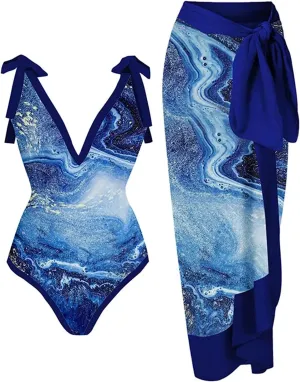 Women One Piece Swimsuit with Coverup Wrap Skirt Floral Print Bikini Set Two Piece Bathing Suit Beach Cover Up Sets