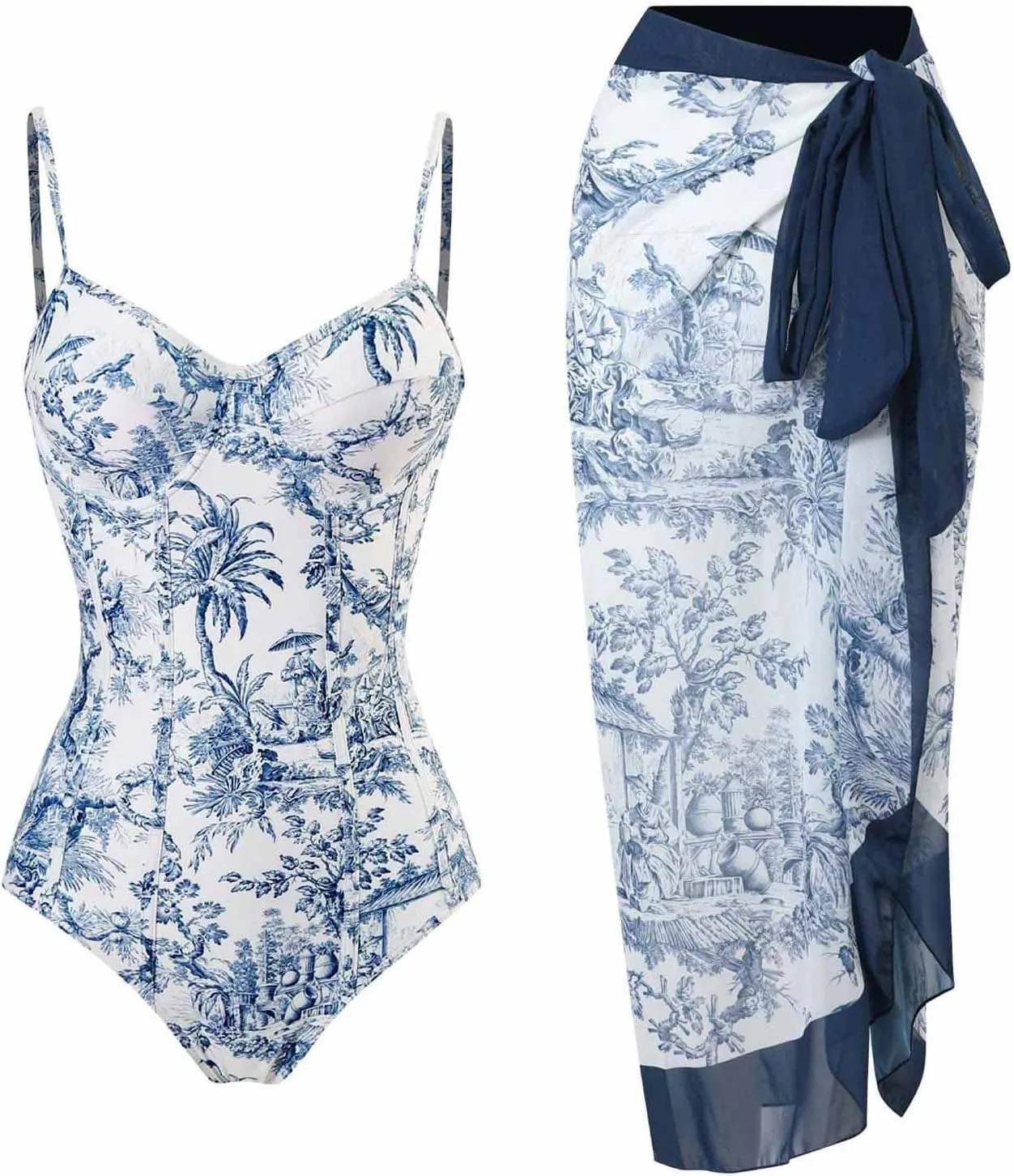 Women One Piece Swimsuit with Coverup Wrap Skirt Floral Print Bikini Set Two Piece Bathing Suit Beach Cover Up Sets