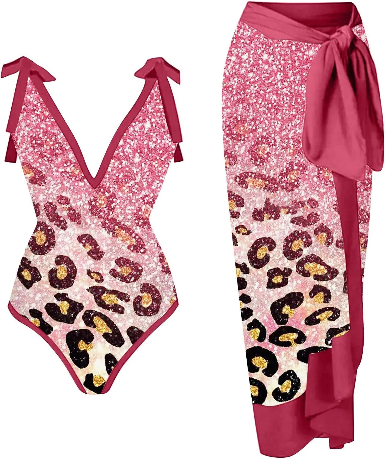 Women One Piece Swimsuit with Coverup Wrap Skirt Floral Print Bikini Set Two Piece Bathing Suit Beach Cover Up Sets