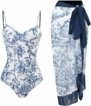 Women One Piece Swimsuit with Coverup Wrap Skirt Floral Print Bikini Set Two Piece Bathing Suit Beach Cover Up Sets