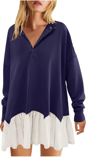 Women Oversized Sweatshirt Dress Collared Pleated Sweatshirt Dresses Casual Flowy Long Sleeve Swing Mini Dresses