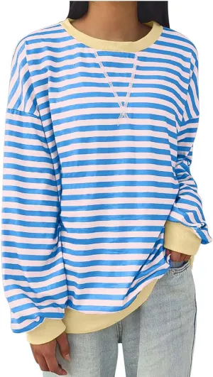 Women Oversized Sweatshirt Striped Color Block Long Sleeve Pullover Tops Vintage Crewneck Shirts Casual Loose Sweater