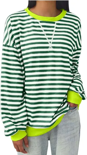 Women Oversized Sweatshirt Striped Color Block Long Sleeve Pullover Tops Vintage Crewneck Shirts Casual Loose Sweater