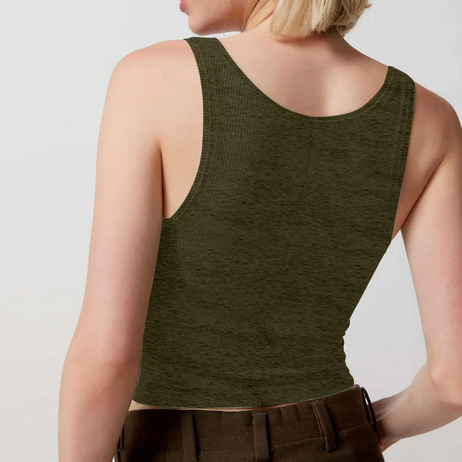 Women Ribbed Tank Top Pleated Square Neck Sleeveless Basic Fitted Crop Tops Y2K Henley Vest Petite