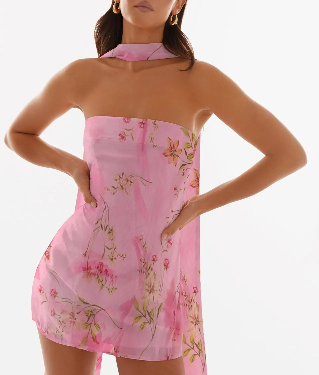 Women Ruffle Floral Strapless Mini Dress Y2K Mesh A Line Short Dress Cute Floral Scarf Tube Dresses Vacation Beach