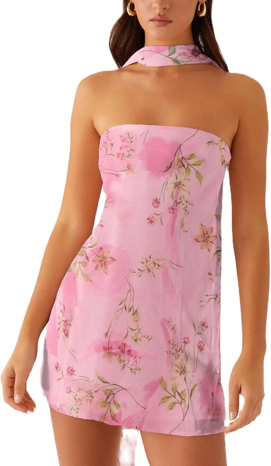 Women Ruffle Floral Strapless Mini Dress Y2K Mesh A Line Short Dress Cute Floral Scarf Tube Dresses Vacation Beach