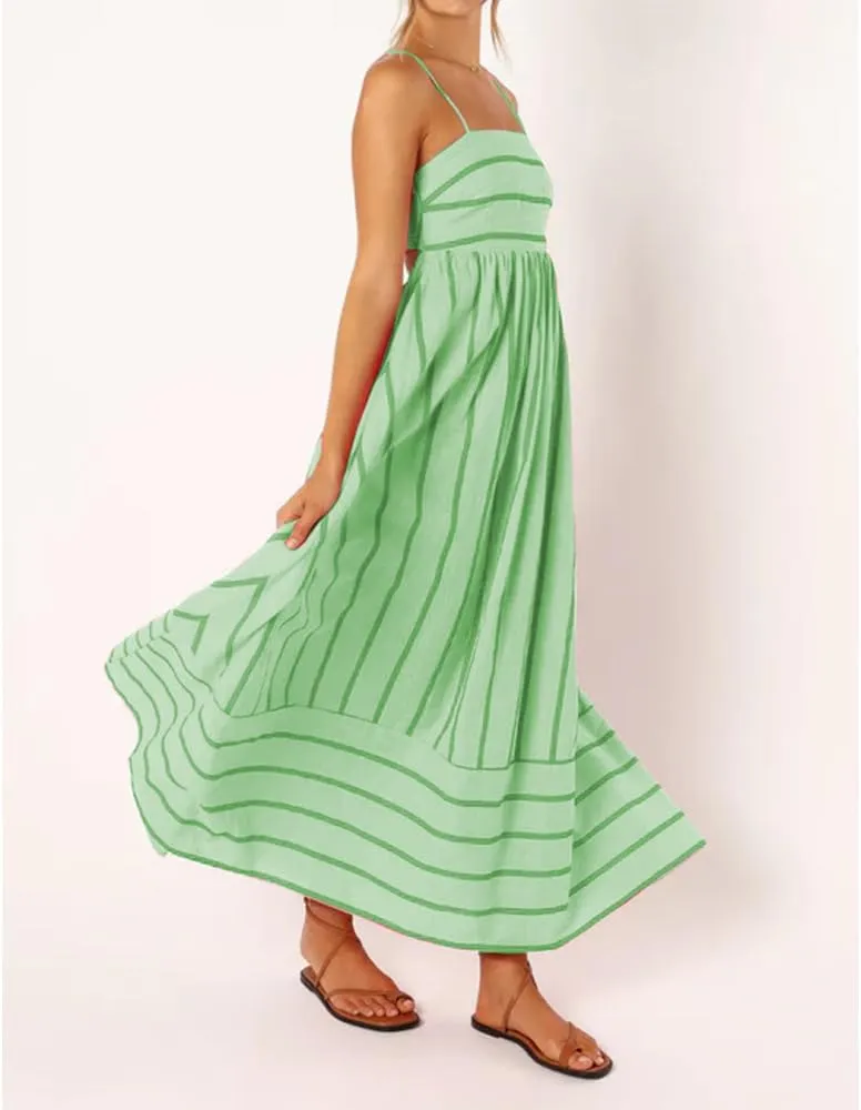 Women Striped Maxi Dress Sleeveless Backless Cutout Smocked Sundress Spaghetti Straps Boho Flowy Dresses