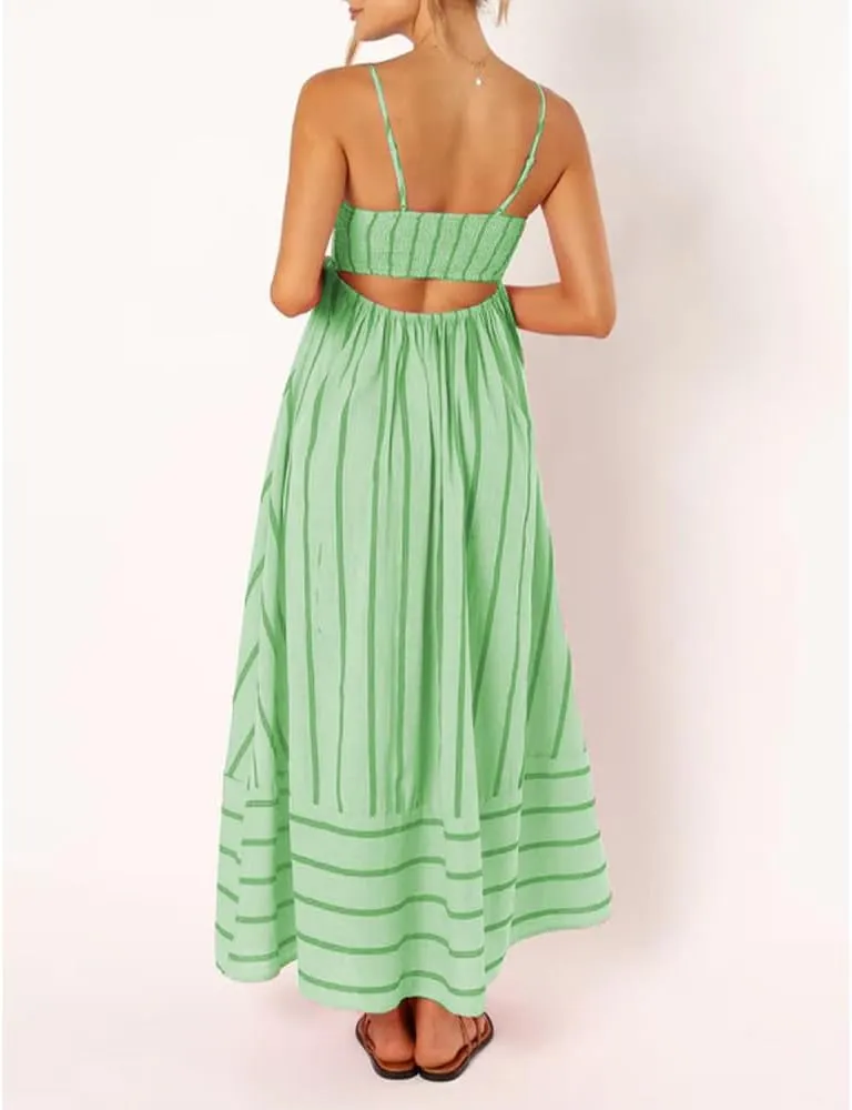 Women Striped Maxi Dress Sleeveless Backless Cutout Smocked Sundress Spaghetti Straps Boho Flowy Dresses