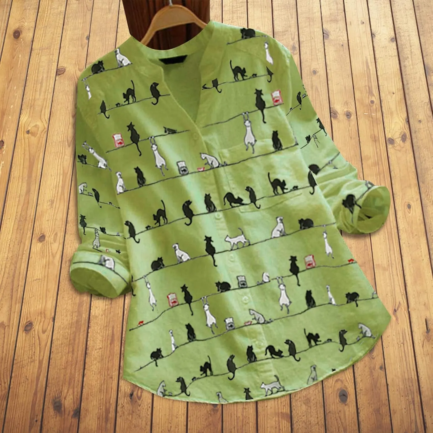 Women Summer 3/4 Sleeve Shirts Button Down Loose Fit Blouses 2024 Fashion Cat Print T-Shirts Plus Size Loose Tops