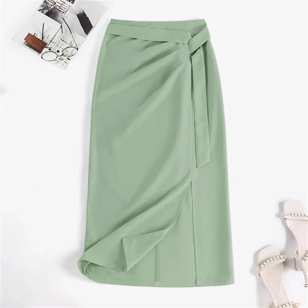 Women Summer Fashion Elegant Split Skirt High Waist Pleated Midi Skirts Casual Solid Color Loose Bottoms