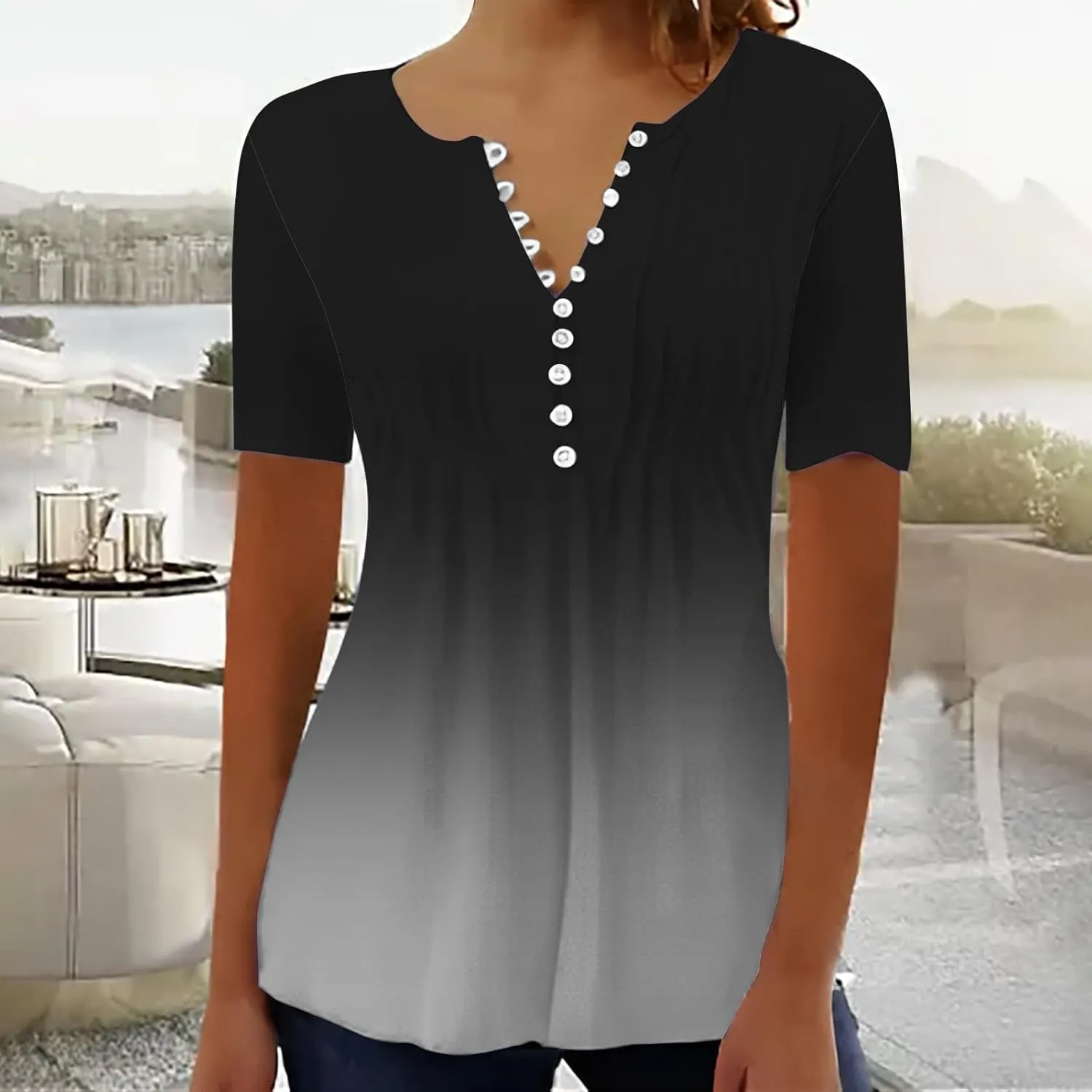 Women Summer Tops 2025 Fashion Short Sleeve V Neck Button Tshirt Boho Floral Printed Causal Dressy Waist Tighten Tee