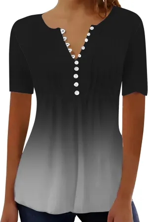 Women Summer Tops 2025 Fashion Short Sleeve V Neck Button Tshirt Boho Floral Printed Causal Dressy Waist Tighten Tee