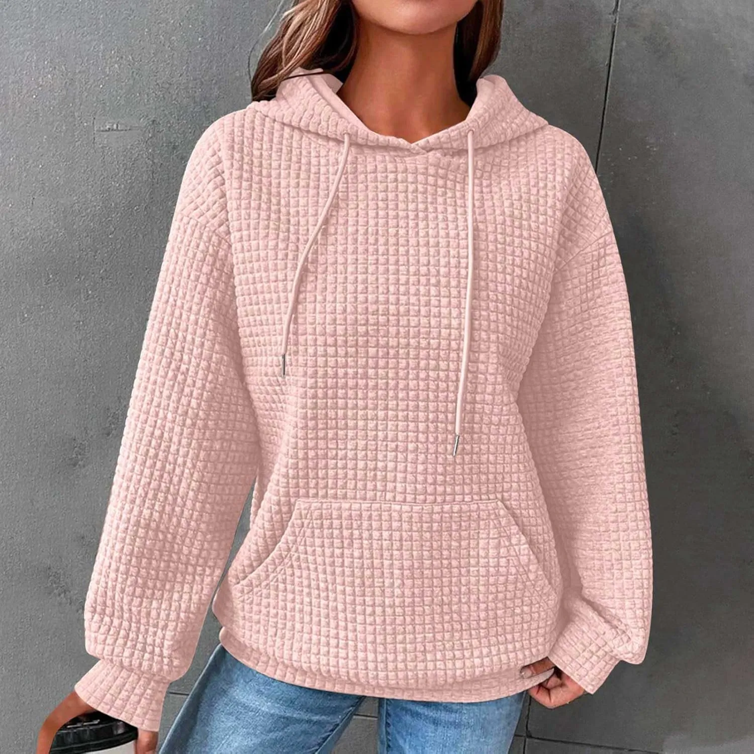 Women Waffle Casual Hoodie Long Sleeves Fashion Drawstring Pullover Sweatshirts Loose Fit Tunic Winter Tops Comy Shirt