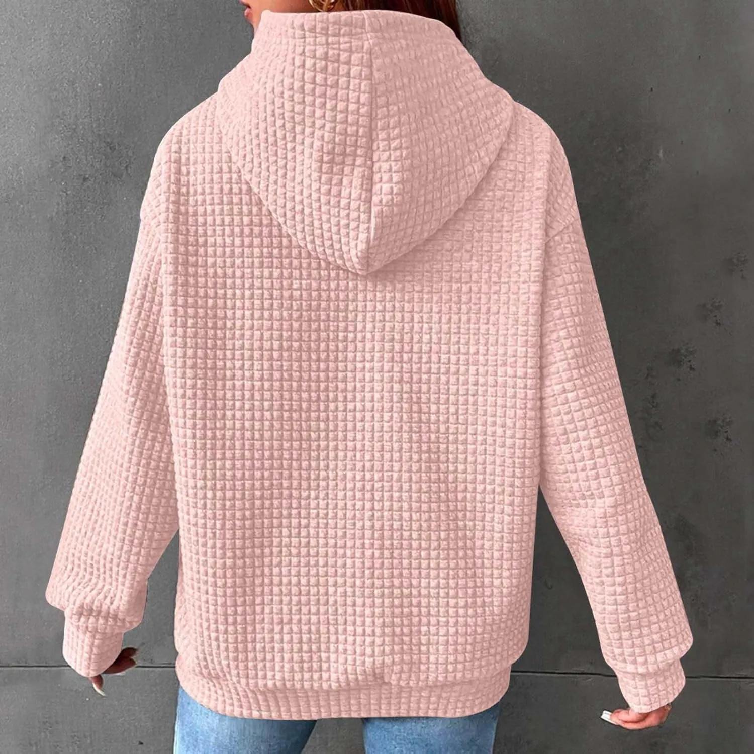 Women Waffle Casual Hoodie Long Sleeves Fashion Drawstring Pullover Sweatshirts Loose Fit Tunic Winter Tops Comy Shirt