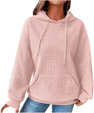 Women Waffle Casual Hoodie Long Sleeves Fashion Drawstring Pullover Sweatshirts Loose Fit Tunic Winter Tops Comy Shirt