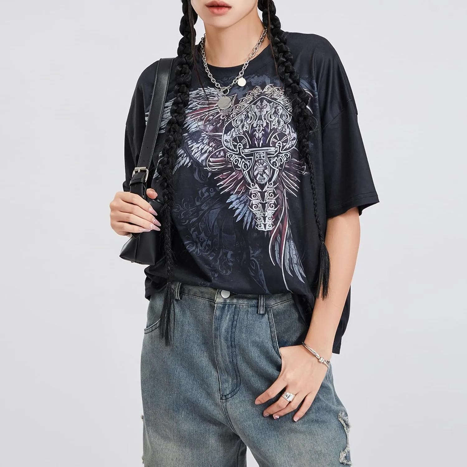Women Y2K Fairy Grunge Clothes Short Sleeve Aesthetic Graphic Crop Tops 2000s E Girls Vintage Baggy Emo Tee Shirts